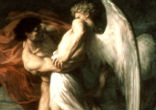 Jacob wrestles with his adversary until the break of dawn. After acknowledging his name, and revealing his true identity, Jacob receives God's blessing. Image of Jacob wrestles with his adversary until the break of dawn. After acknowledging his name, and revealing his true identity, Jacob receives God's blessing.
