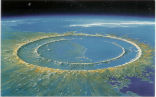 An artist's rendition of the impact crater based on geological evidence. Image of An artist's rendition of the impact crater based on geological evidence.