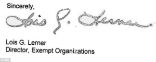Lois Lerner's signature appears on a 2012 letter to a conservative Ohio group after the date Image of Lois Lerner's signature appears on a 2012 letter to a conservative Ohio group after the date