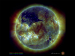 This image from NASA shows the coronal hole, which is the dark portion in the upper left. Image of This image from NASA shows the coronal hole, which is the dark portion in the upper left.