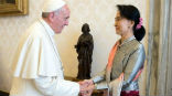 Pope Francis met with Aung San Suu Kyi and praised her non-violent approach to change. Image of Pope Francis met with Aung San Suu Kyi and praised her non-violent approach to change.