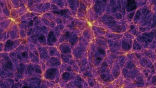 The structure of the universe in a computer model. The bright spots are galaxies and the purple filaments are made of dark matter. Image of The structure of the universe in a computer model. The bright spots are galaxies and the purple filaments are made of dark matter.