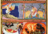 Lazarus and Dives, illumination from the Codex Aureus of Echternach
Top panel: Lazarus at the rich man's door
Middle panel: Lazarus' soul is carried to Paradise by two angels; Lazarus in Abraham's bosom
Bottom panel: Dives' soul is carried off by two devils to Hell; Dives is tortured in Hades Image of Lazarus and Dives, illumination from the Codex Aureus of Echternach
Top panel: Lazarus at the rich man's door
Middle panel: Lazarus' soul is carried to Paradise by two angels; Lazarus in Abraham's bosom
Bottom panel: Dives' soul is carried off by two devils to Hell; Dives is tortured in Hades