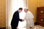 Pope Francis greets UN Secretary General Ban Ki-moon. Image of Pope Francis greets UN Secretary General Ban Ki-moon.