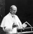 Pope Paul VI addresses the UN during his 1965 appeal for peace. Image of Pope Paul VI addresses the UN during his 1965 appeal for peace.