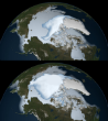 Arctic sea ice in 2012 (top) and 1980 (bottom). Image of Arctic sea ice in 2012 (top) and 1980 (bottom).