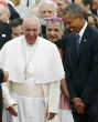 Pope Francis is greeted by the Obamas and a large crowd (Reuters). Image of Pope Francis is greeted by the Obamas and a large crowd (Reuters).