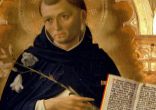 A rendering of St Dominic, the great preacher, pointing to the Gospel Image of A rendering of St Dominic, the great preacher, pointing to the Gospel