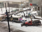 Freezing conditions in Montreal caused two buses, a police car and a snowplow to pile up in a downtown intersection. Image of Freezing conditions in Montreal caused two buses, a police car and a snowplow to pile up in a downtown intersection.