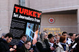 Journalists in Turkey protest against the imprisonment of their colleagues. Image of Journalists in Turkey protest against the imprisonment of their colleagues.