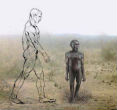 A hobbit man compared to a modern human. Image of A hobbit man compared to a modern human.