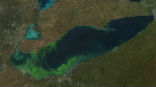 Lake Erie is swelling to record levels. The brig green streaks on the image are caused by algae blooms. Image of Lake Erie is swelling to record levels. The brig green streaks on the image are caused by algae blooms.