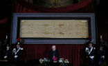 The Shroud on display in 2015. Image of The Shroud on display in 2015.