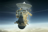 A NASA rendition of Cassini's final dive in Saturn. Image of A NASA rendition of Cassini's final dive in Saturn.