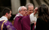 Pope Francis distributes ashes to missionaries during a special Ash Wednesday Mass. Image of Pope Francis distributes ashes to missionaries during a special Ash Wednesday Mass.