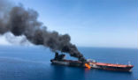 A tanker blazes after an alleged attack by Iranian or Iranian-backed forces. Image of A tanker blazes after an alleged attack by Iranian or Iranian-backed forces.