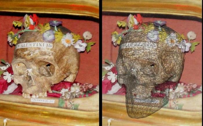 It took 250 pictures of the skull for researchers to build pictures of St. Valentine. It took 250 pictures of the skull for researchers to build pictures of St. Valentine.