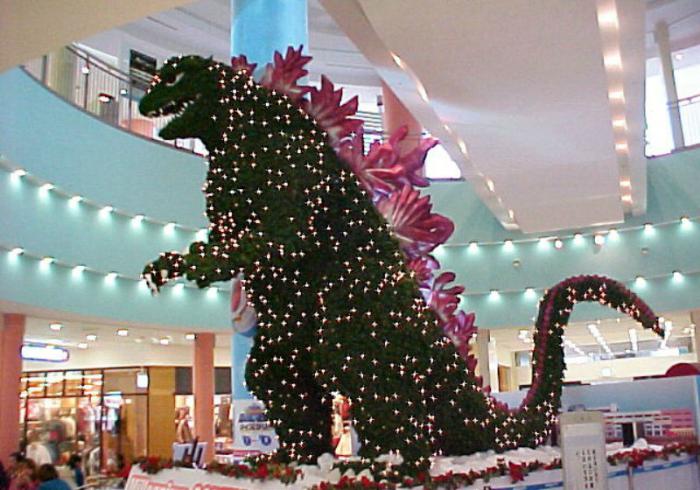Godzilla-shaped Christmas tree. Godzilla-shaped Christmas tree.