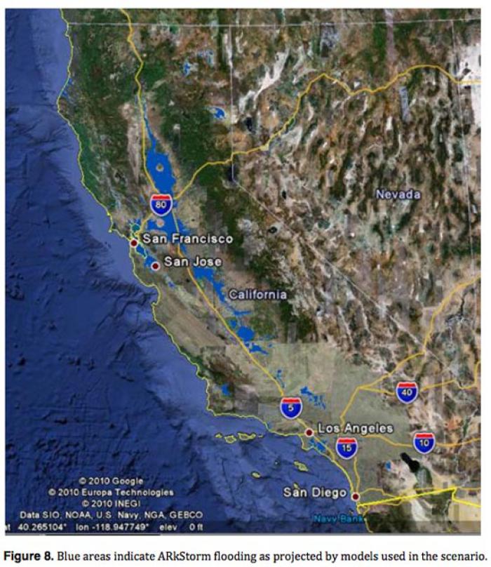 An ARkstorm scenario shows how devastating the flooding could become. An ARkstorm scenario shows how devastating the flooding could become.