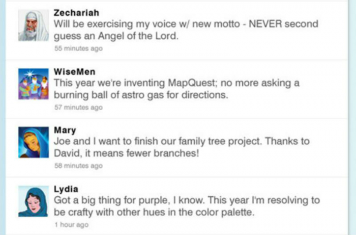 Humorous Biblical character tweets.