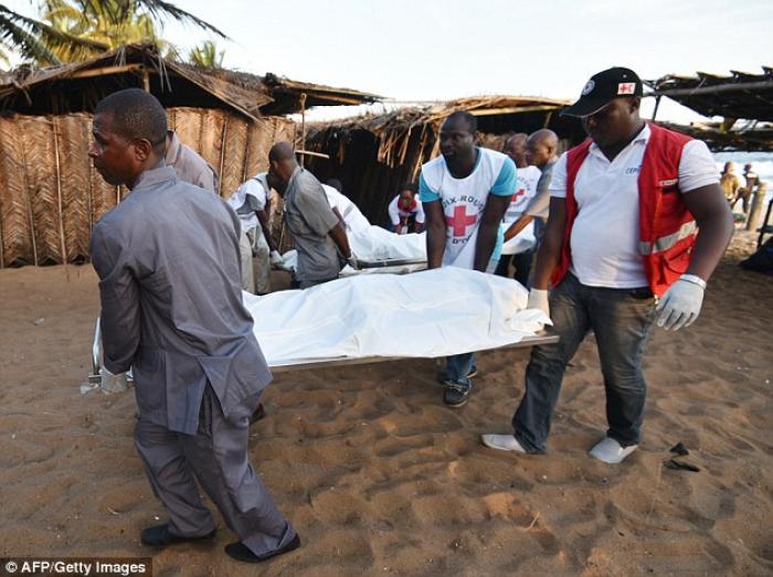 The dead were strewn across the normally peaceful beach. The dead were strewn across the normally peaceful beach.