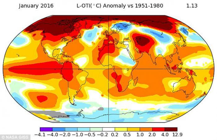 A map showing temperature anomalies for February 2016. Note the deep red in the Arctic. A map showing temperature anomalies for February 2016. Note the deep red in the Arctic.