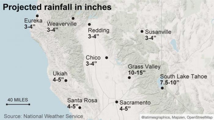Rainfall amounts are expected to be between 3-5 inches across most of the affected area, and up to 15 inches near the core of the atmospheric river event. 