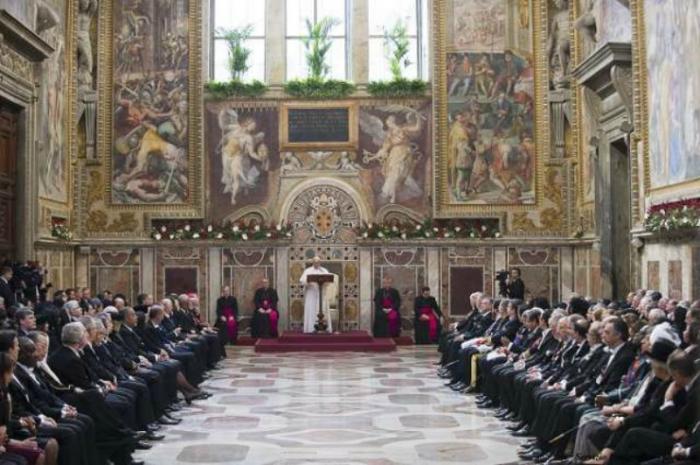 Pope Francis speaks to the Diplomatic Corps Accredited to the Holy See.