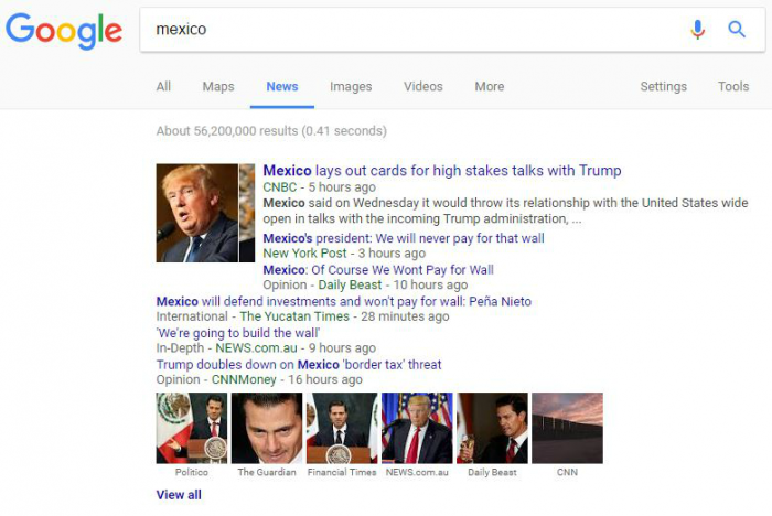 Censorship includes soft censorship where the media reports on distracting topics while ignoring the real news of the day. A Google search of Mexico under Google News returned zero results about unrest in that country and instead favored reports on Trump and his pledge to build a wall.