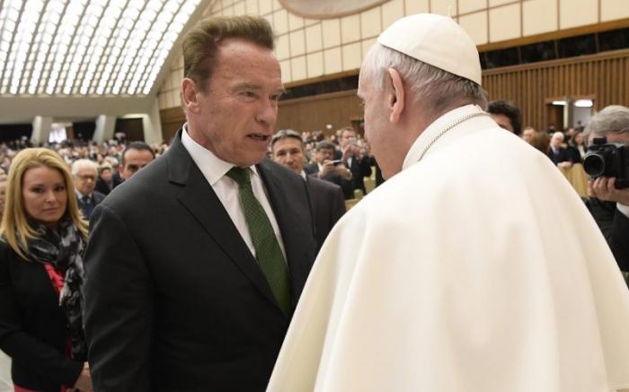 Pope Francis greets Arnold Schwarzenegger during his general audience. Pope Francis greets Arnold Schwarzenegger during his general audience.