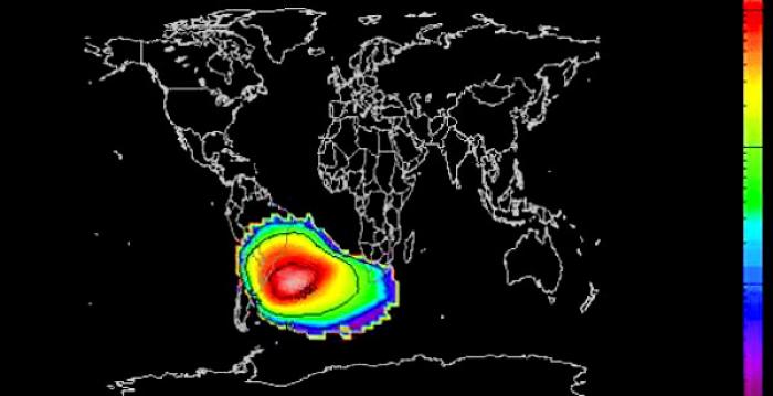 A graphic showing the South Atlantic Anomaly. The red areas are where the Van Allen radiation belts come closest to Earth. The anomaly moves a little but appears centered on the South Atlantic. 