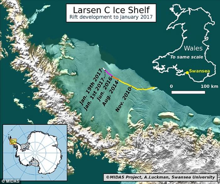 The crack in the Larsen - C shelf is growing daily. 