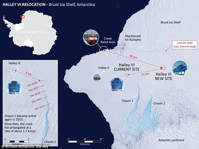 The British research station Halley VI, has been moved due to its ice shelf threatening to break apart. 