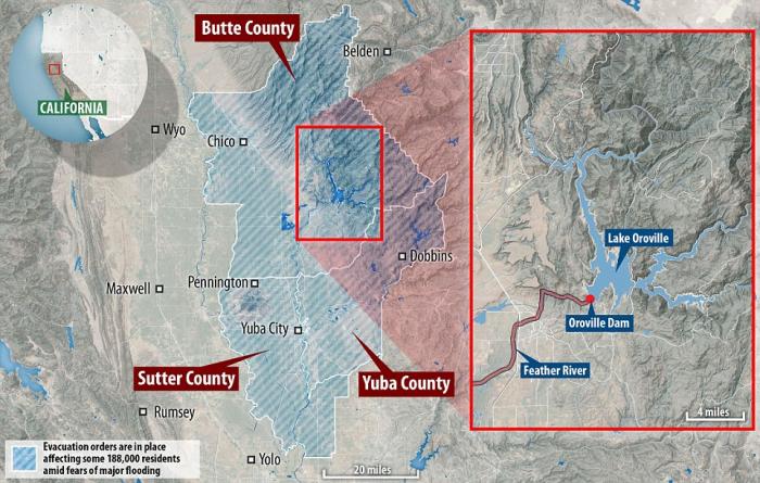 Should the dam fail, a wide area of northern California would be impacted. Several towns remain under evacuation orders. Should the dam fail, a wide area of northern California would be impacted. Several towns remain under evacuation orders.