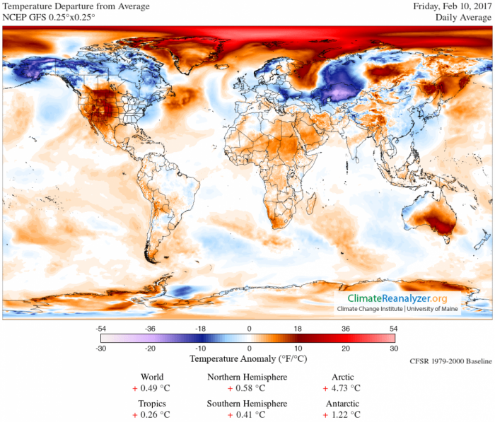 The red areas show deviation from normal, but perhaps it should be light blue? Despite the heatwave, the region remains well below freezing. You're going to need a jacket. 