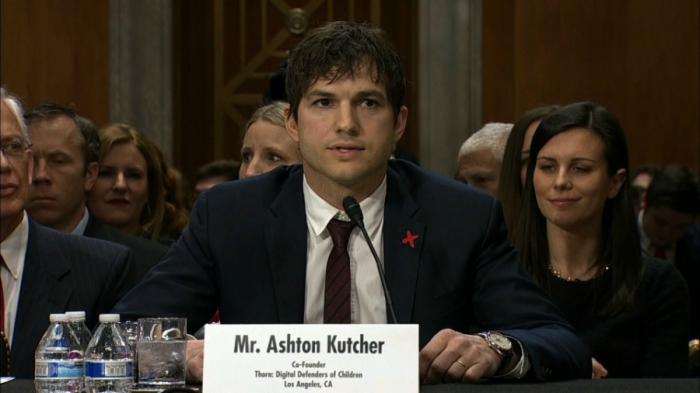 Kutcher spoke on behalf of victims around the world. Kutcher spoke on behalf of victims around the world.