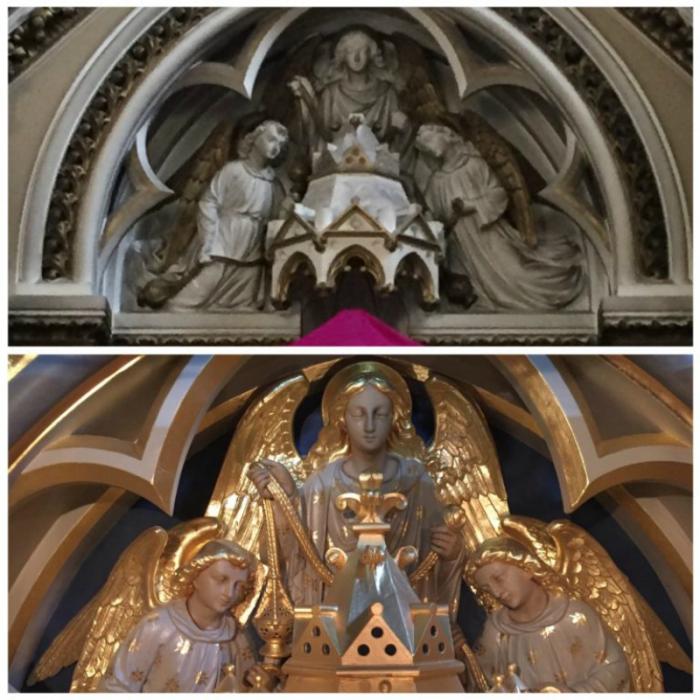 Angels above the tabernacle, before and after. Angels above the tabernacle, before and after.