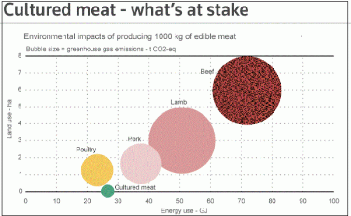 The blue dot on this graph shows how much the environmental impact of growing meat will be reduced. 