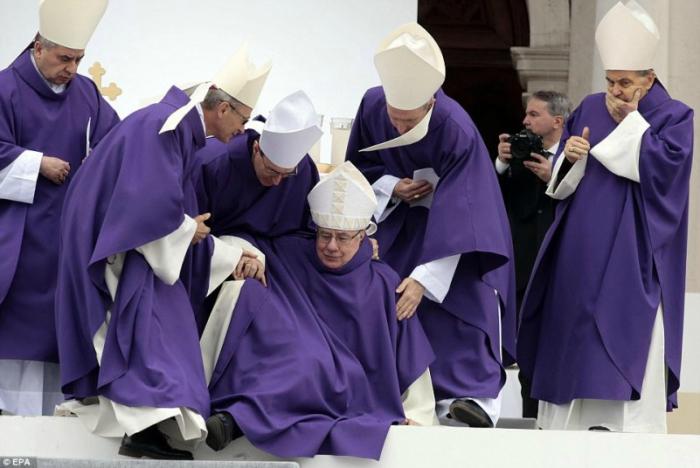 Bishop Claudo Stagni collapsed near the end of Pope Francis' Mass. Bishop Claudo Stagni collapsed near the end of Pope Francis' Mass.