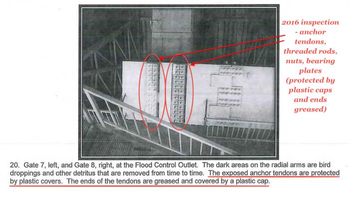 Fig 1. Image of end bolts, nuts, plates (circled) of 50 year old post-tensioned steel rods (anchor tendons) from 2016 Safety Inspection. Anchor Tendons rated to 160,000 psi (tensile) max. Tendons imbedded and anchored within the concrete column to ensure the integrity of Trunnion forces from hydrostatic & hydrodynamic water forces during spillway sealing and operation. Failures in bridges and dams have occurred from internal corrosion of these 'anchor tendon' designs. Grease and Plastic caps/covers used at Oroville Spillway anchor tendons to help mitigate corrosion damage.