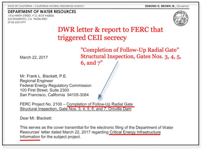 Fig 3. March 22 DWR Report, on 'Completion of Follow-Up' noting 'Radial Gate Structural Inspection', where the cover letter reveals the request for CEII secrecy status.