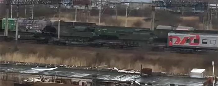 A video purports to show Russian military equipment on one of three trains headed to the border. A video purports to show Russian military equipment on one of three trains headed to the border.