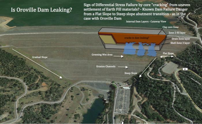 Fig 1. Sign of 'Differential Settlement' inferring 'cracks' within the core of Oroville Dam. Greening Wet Area, with erosion channels, being investigated by DWR. 'Differential Settlement Failure' known to occur from Steep Slope Abutment transitions, as observable in Oroville's side abutment. Seepage is able to reach the outer shell embankment, indicating a 'clogging' of the dam's internal 'Drain Zone' - in addition to soil 'fines' migration creating a horizontal flow bench.