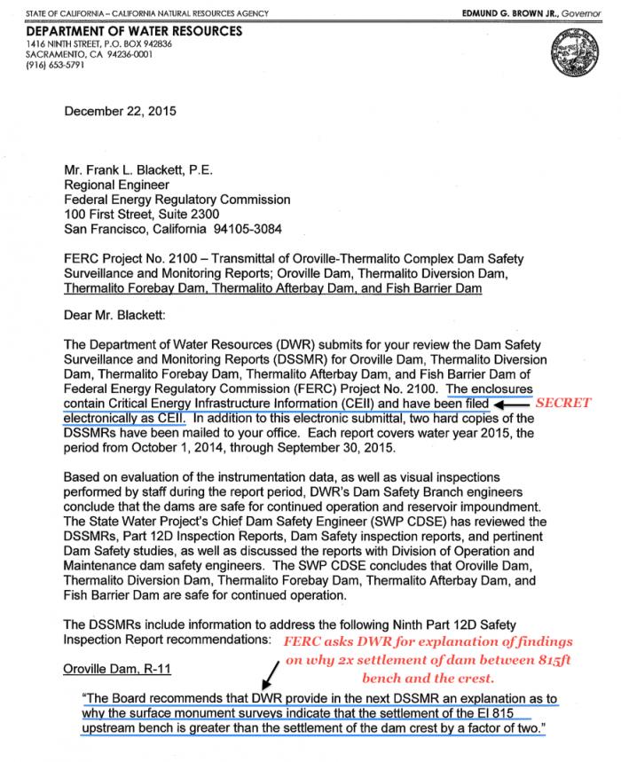 Fig 4. Potential Significant sign of 'Differential Settlement' - DWR to FERC communications where DWR Board recommends an explanation in a future DSSMR report back to FERC regarding an 'uneven' settlement (self compaction) finding on Oroville dam. Survey data found one area settling at 2x the amount at the Crest of the Dam. Crest embankment Erosion images reveal a denser pattern of erosion channels directly above the 'Wet Spot Greening area'. As waterflow from the crest road finds a 'low spot', this infers that there may be a link to additional 'differential settlement' in the fill zones at the core of the dam. Information noted as CEII secret.