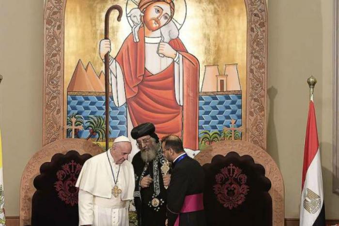 Pope Francis with Pope Tawadros II of Alexandria in Cairo, Egypt on April 28, 2017. Pope Francis with Pope Tawadros II of Alexandria in Cairo, Egypt on April 28, 2017.