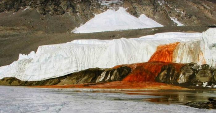 Blood Falls was discovered in 1911. Iron in the water taints it the same red as blood when it reaches the surface. 