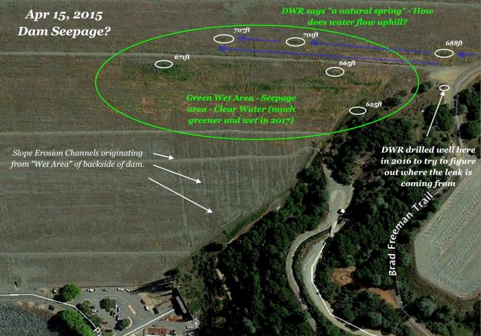 Fig 2. 2015 image of vegetation following an upward elevation slope away from the left abutment. Erosion channels, Greenage locations, non-greenage above & below & up the embankment, uphill waterflow, contradicts against a left abutment spring. Image courtesy of Google Earth.