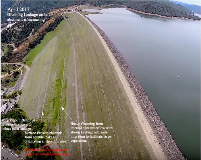 Fig 2. Heavy Greening and Leakage in 2017 from internal 'differential settlement' defects allowing lake flow to migrate through core. Unknown total flow rate and extent of internal uncertainties to the bottom 'honeycombed' subsurface structure 'erosion channels' infers a Zone 3 affected stability 'unknown'. Soils are 'transported' to the Green Wet area contained within the seepage flow 'through' the silts, clays, clayey soils of the core region of the dam & extended outward over time just as this same mechanism 'clogged' the drain zone with these soils. Fig 2. Heavy Greening and Leakage in 2017 from internal 'differential settlement' defects allowing lake flow to migrate through core. Unknown total flow rate and extent of internal uncertainties to the bottom 'honeycombed' subsurface structure 'erosion channels' infers a Zone 3 affected stability 'unknown'. Soils are 'transported' to the Green Wet area contained within the seepage flow 'through' the silts, clays, clayey soils of the core region of the dam & extended outward over time just as this same mechanism 'clogged' the drain zone with these soils.