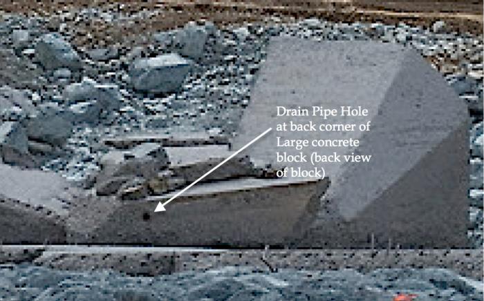 Fig 10. This Drain Pipe Hole is full size in contrast to the 'remnant' pipe outline. See Figs 3, 4, for process of 'remnant' pipe outline formation.