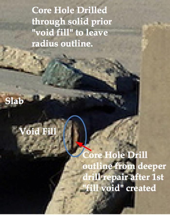 Fig 12. Zoom view of the Core Hole outline in the corner of the large block. Core location to spillway - See Fig 7, Fig 8.